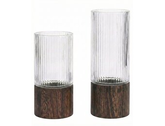 Japandi Windlicht Acaciahout ribbel - Set van 2