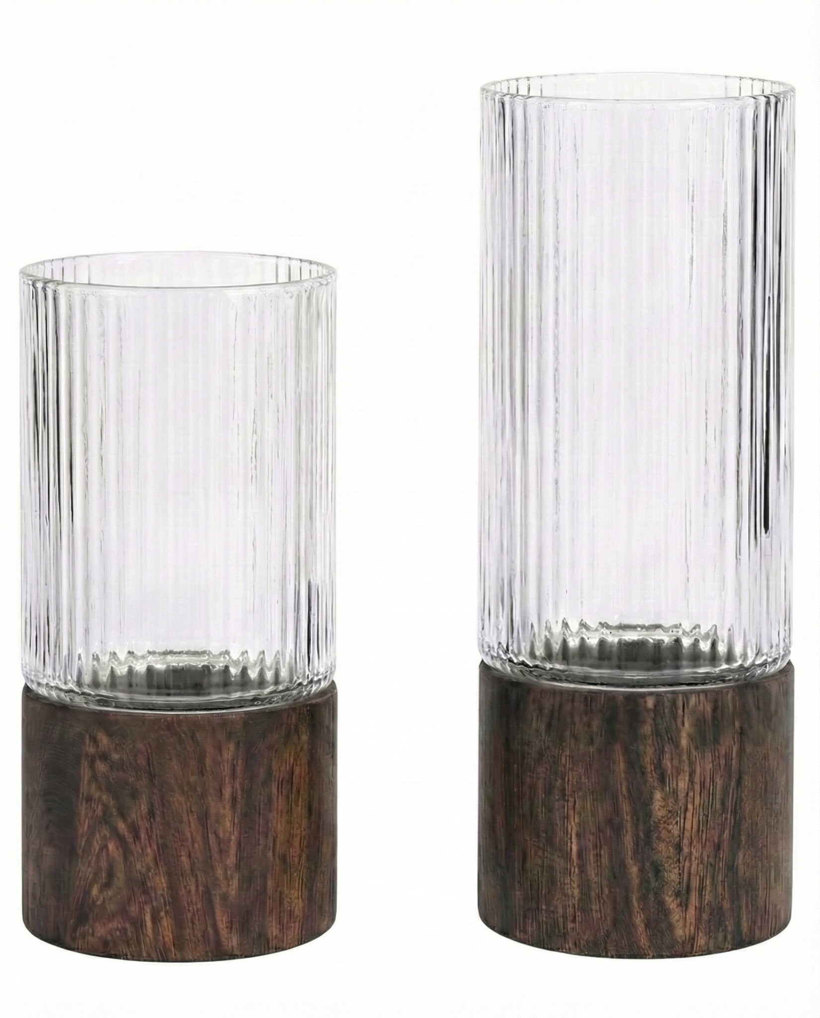 Japandi Windlicht Acaciahout ribbel - Set van 2 - 20 en 25 cm hoog