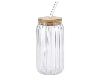 Drinkglas Ruby - 500 ml - met rietje en houtendeksel