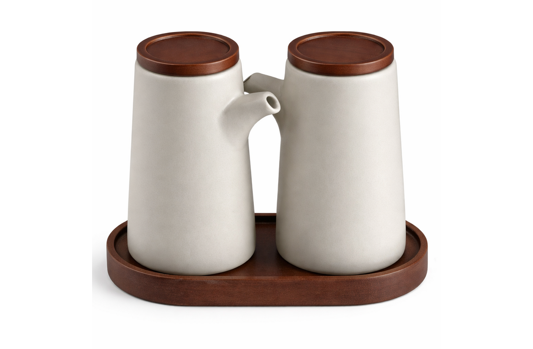 Luxe Olie- en Azijnstel Terra | Met standaard - Acaciahout