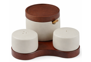 Keramische zout- en peperstel Terra - met suikerpot en houten houder