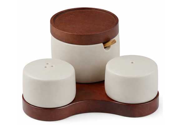 Keramische zout- en peperstel Terra - met suikerpot en houten houder
