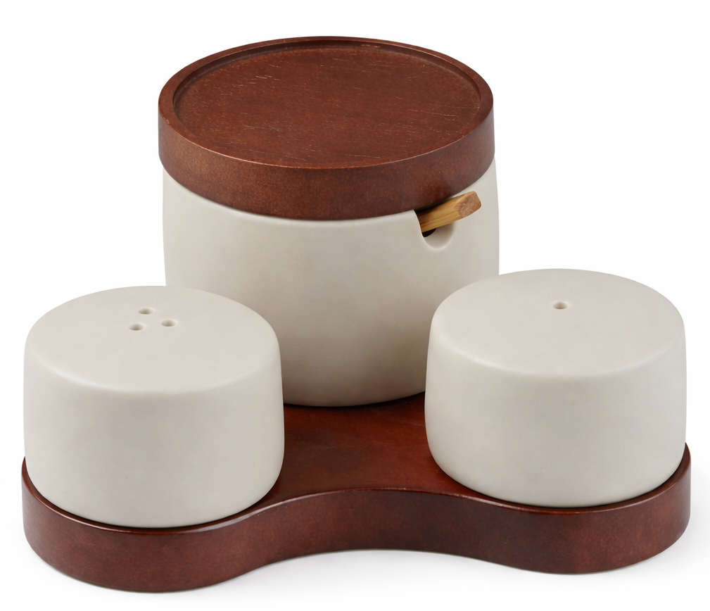 Keramische zout- en peperstel Terra - met suikerpot en houten houder