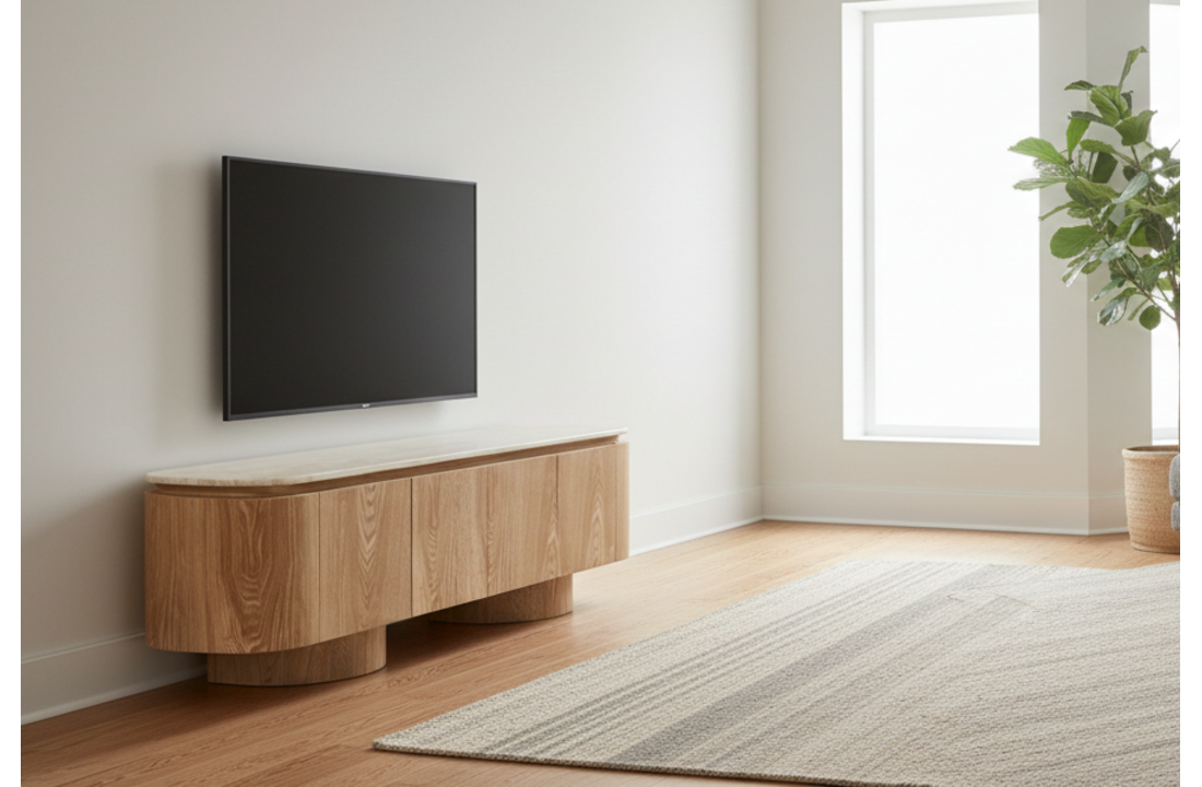 Tv-meubel - Atlanta - Travertin marmer | Eiken - L180 x B40 x H50 cm