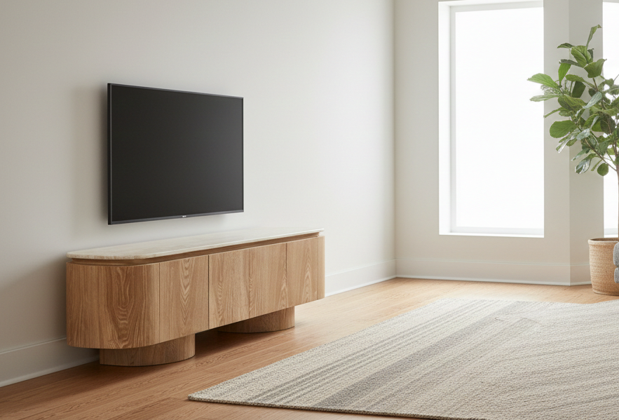 Tv-meubel - Atlanta - Travertin marmer | Eiken - L180 x B40 x H50 cm