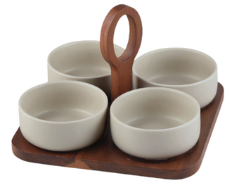 Borrelset met keramische schaaltjes Terra | 5 delig - Acaciahout