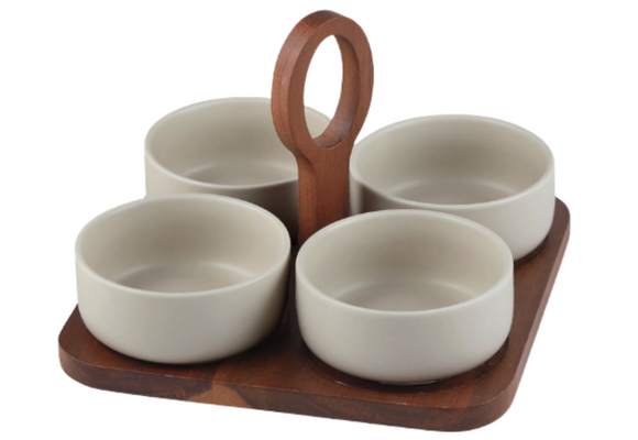 Borrelset met keramische schaaltjes Terra | 5 delig - Acaciahout