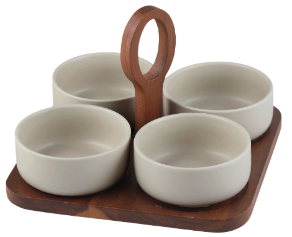 Borrelset met keramische schaaltjes Terra | 5 delig - Acaciahout