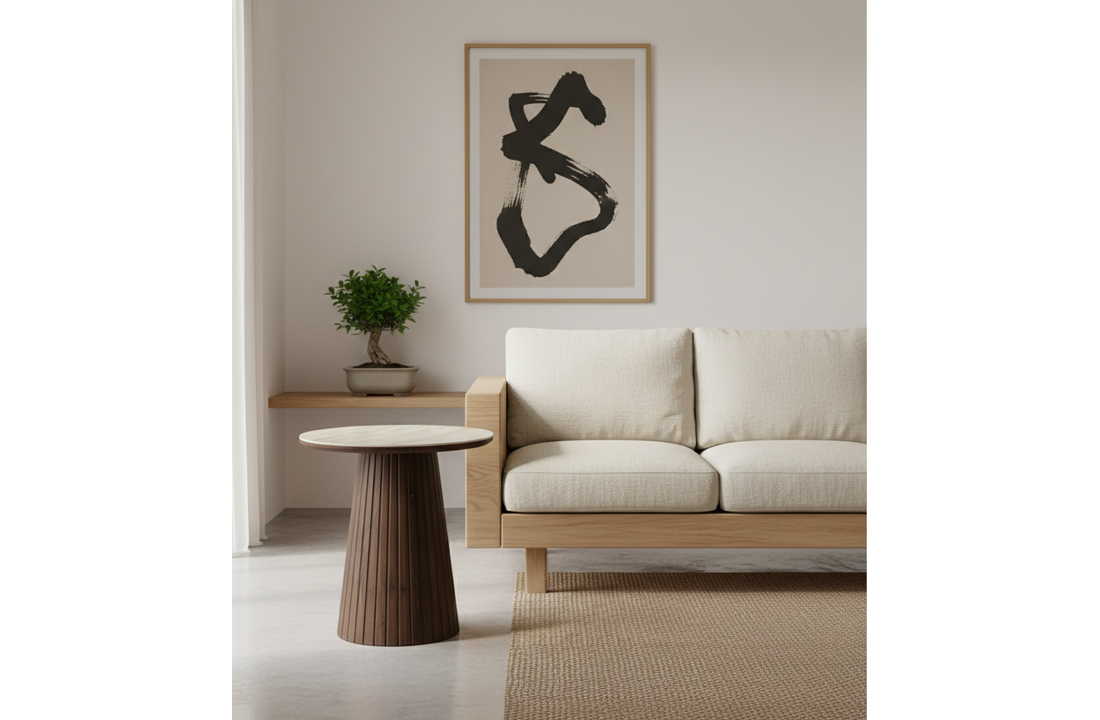 Bijzettafel Helsinki - Bruin / Keramiek Travertinlook - Ø 55 cm x H50 cm