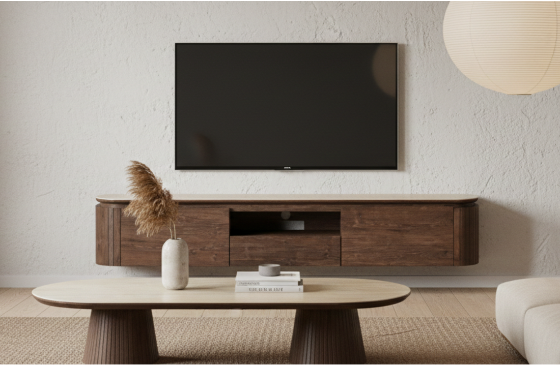 Tv-meubel Helsinki - Zwevend - Bruin / Keramiek Travertinlook - L200 x B40 x H35 cm