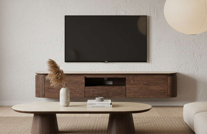 Tv-meubel Helsinki - Zwevend - Bruin / Keramiek Travertinlook - L200 x B40 x H35 cm