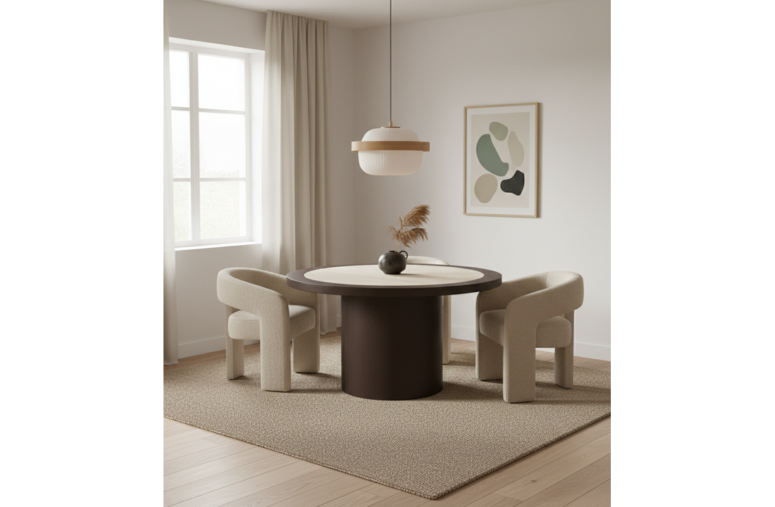 Eettafel Vento - Bruin Eiken - Keramiek (travertin look) - Rond - Ø 130 x H76 cm