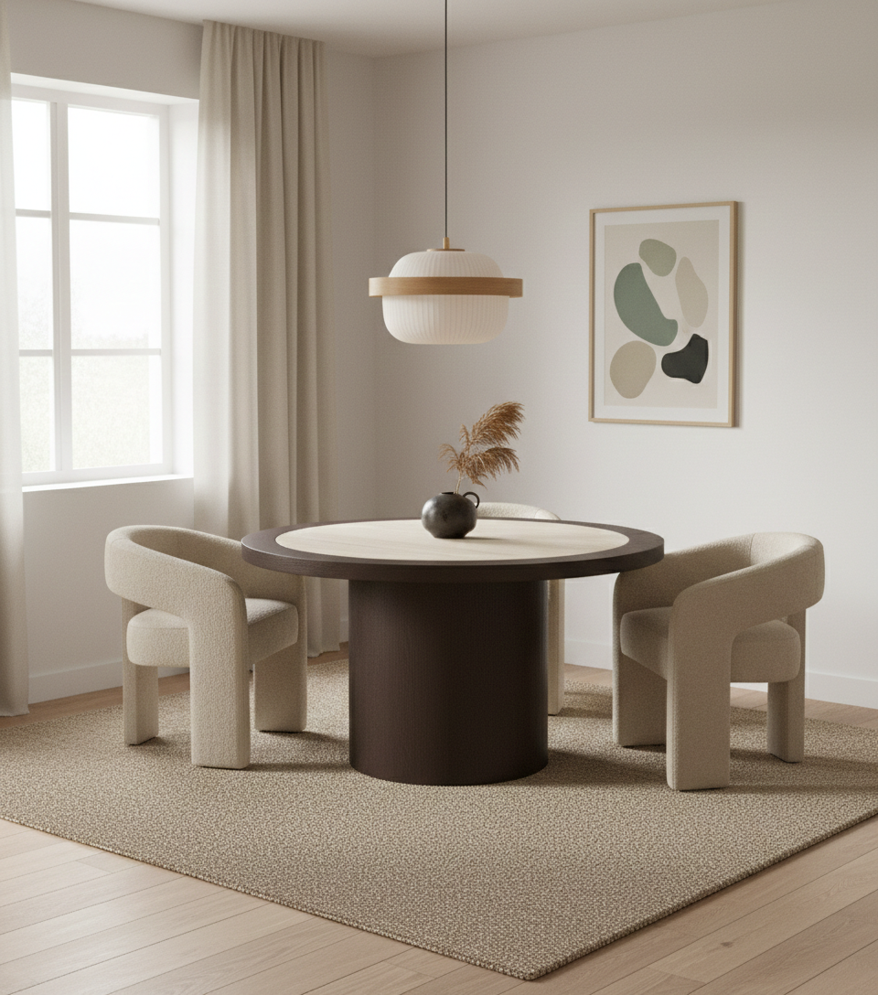 Eettafel Vento - Bruin Eiken - Keramiek (travertin look) - Rond - Ø 130 x H76 cm