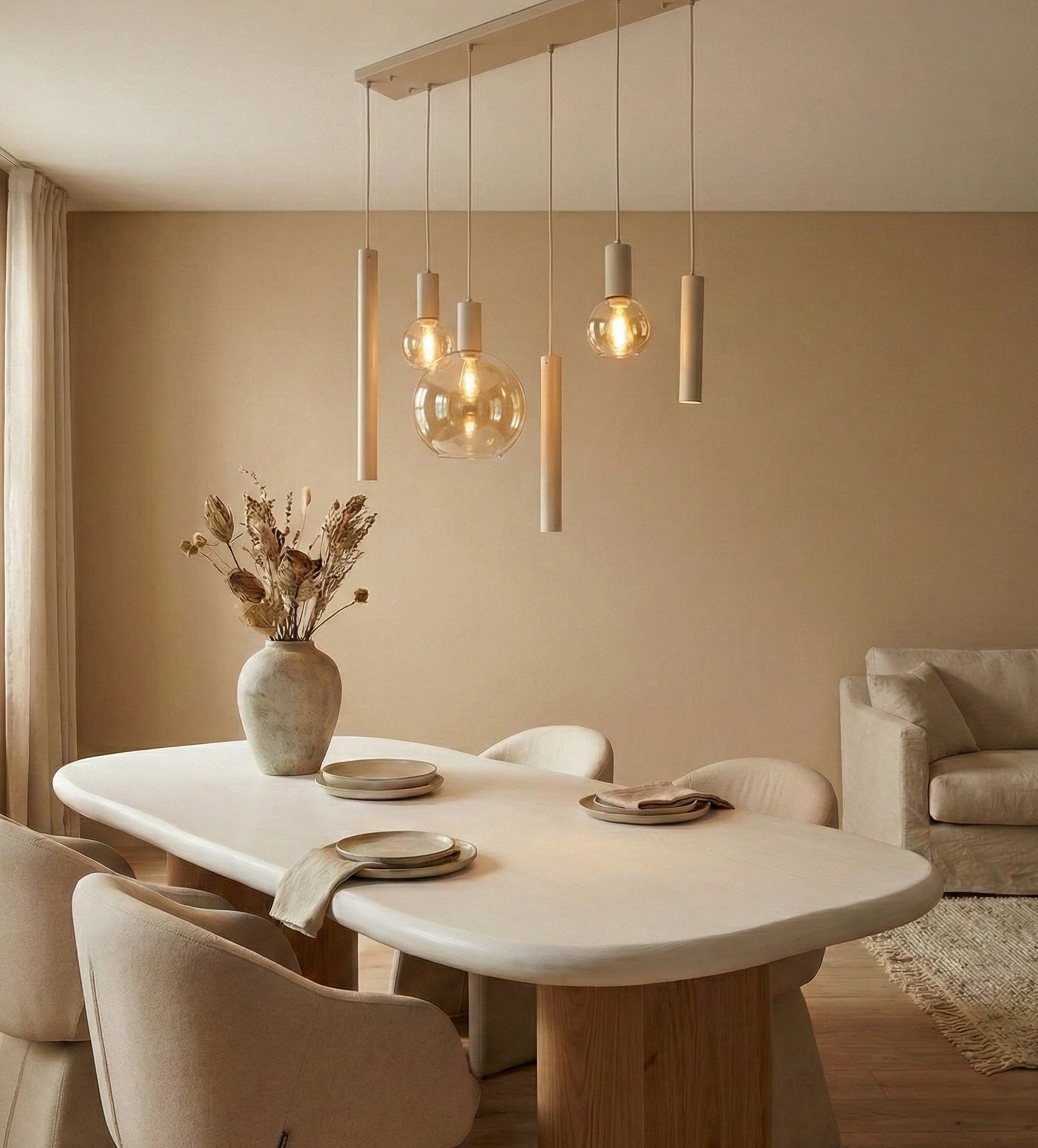 Hanglamp Aura  - Beige - 6 lichts - Rechthoekig - Amber glas