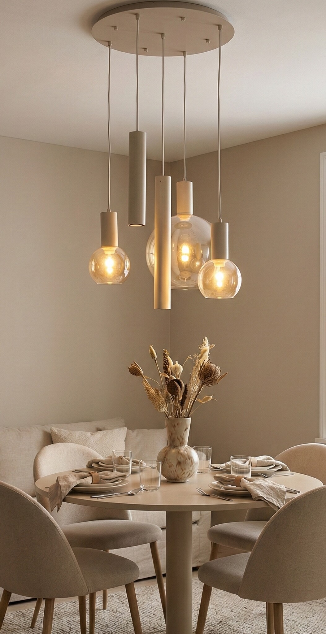 Hanglamp Aura  - Beige - 5 lichts - Rond - Amber glas