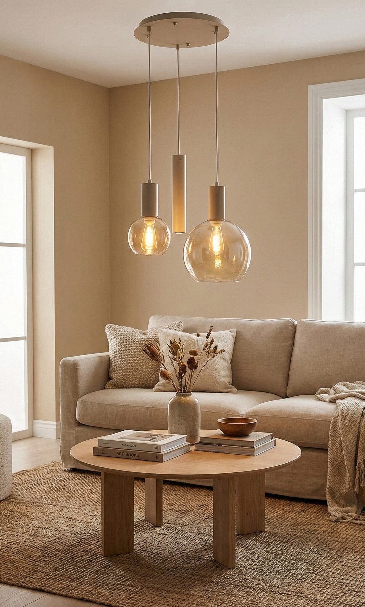 Hanglamp Aura  - Beige - 3 lichts - Rond - Amber glas