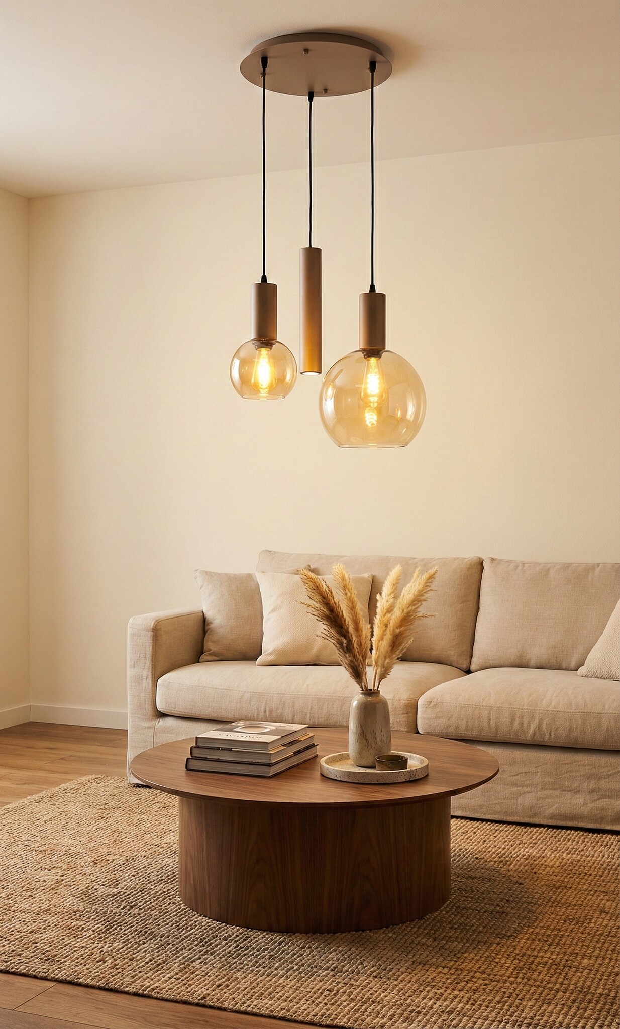 Hanglamp Aura  - Champagne - 3 lichts - Rond - Amber glas
