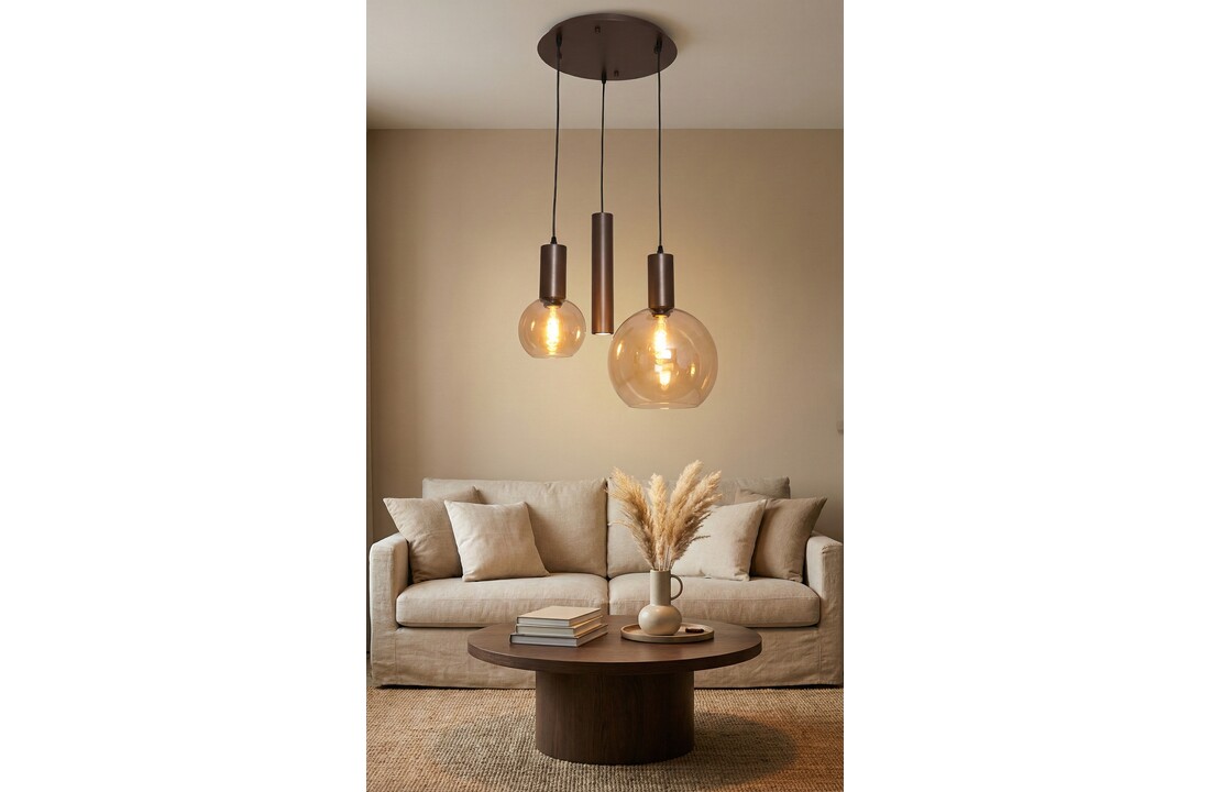 Hanglamp Aura  - Bruin - 3 lichts - Rond - Amber glas