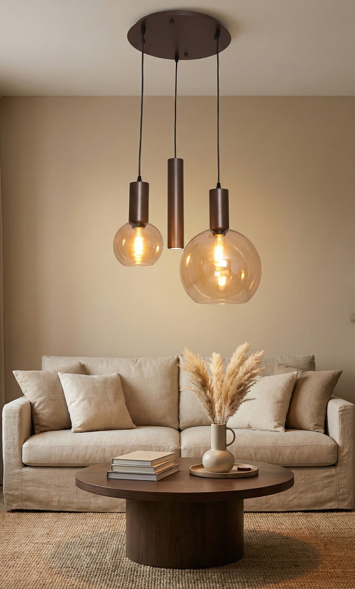 Hanglamp Aura  - Bruin - 3 lichts - Rond - Amber glas