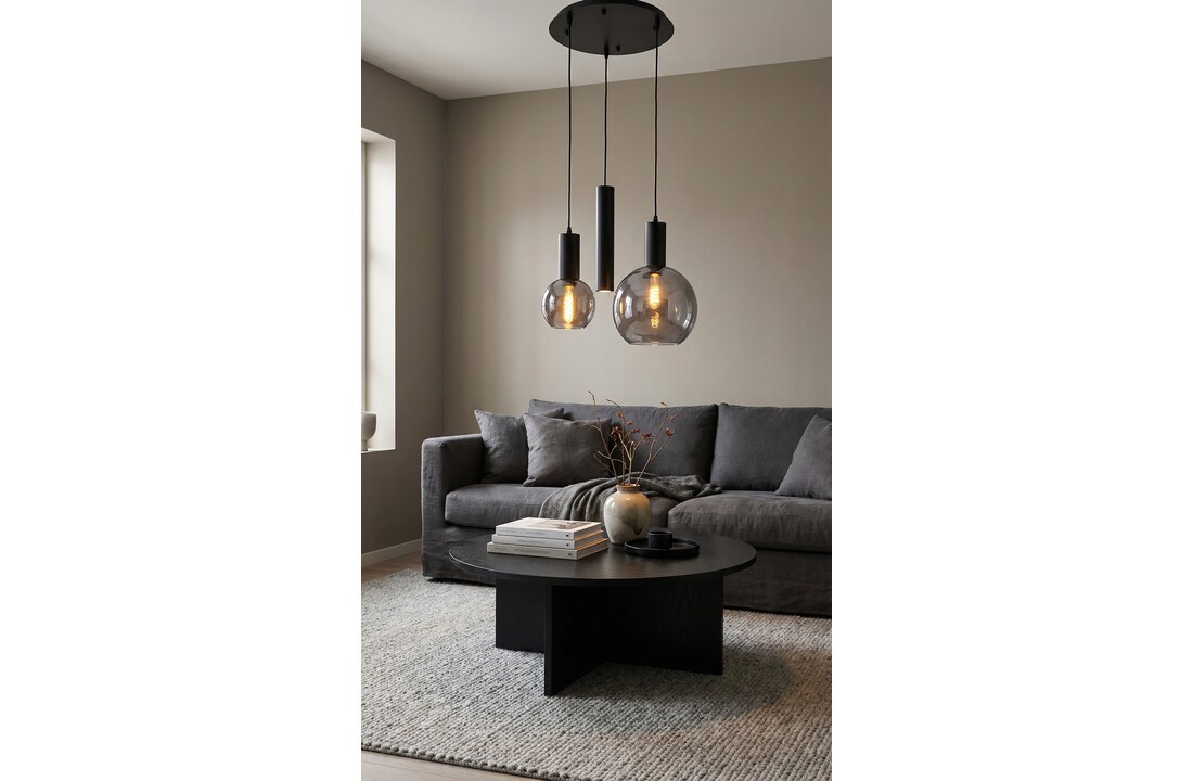 Hanglamp Aura  - Zwart - 3 lichts - Rond - Smoke glas