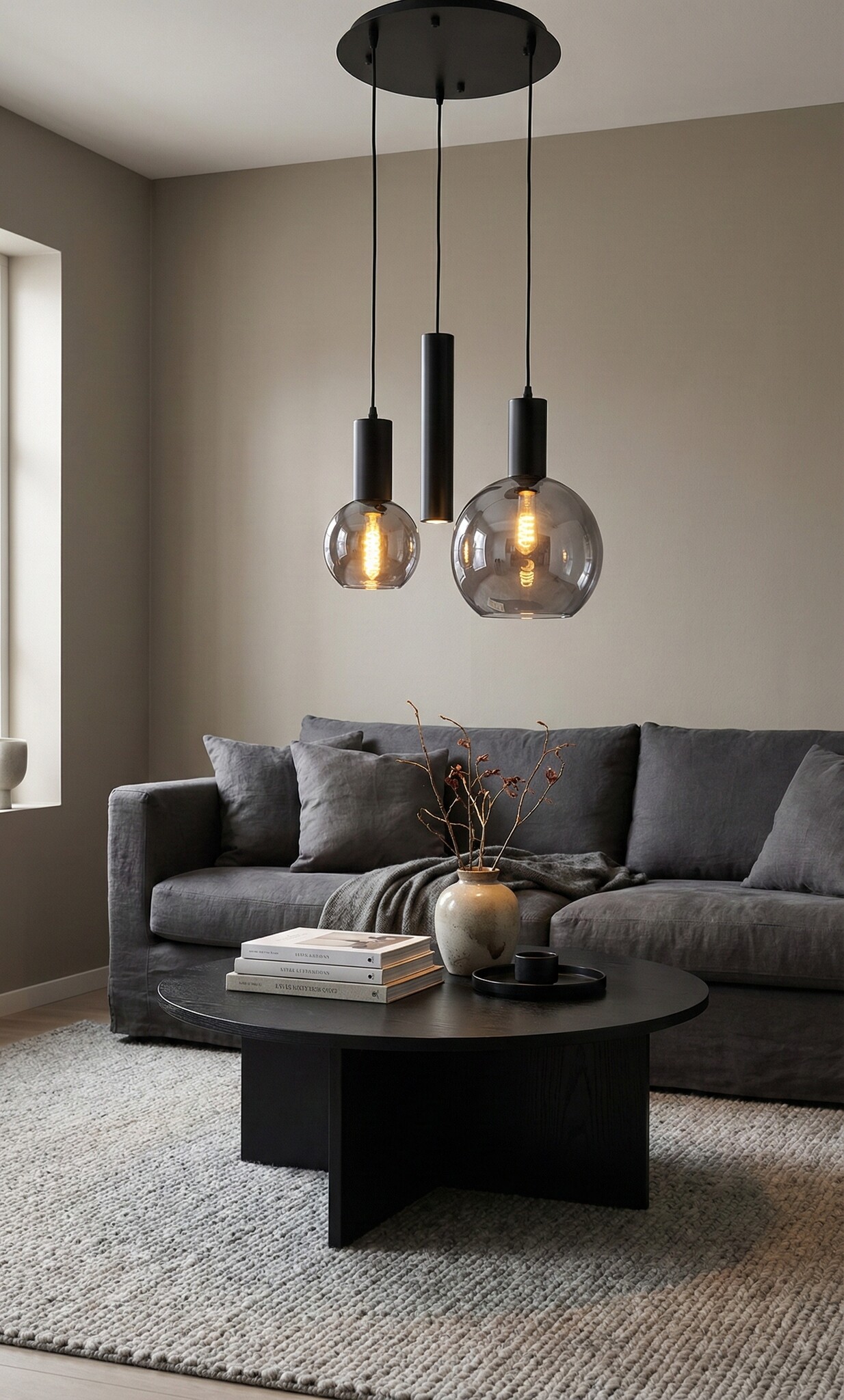 Hanglamp Aura  - Zwart - 3 lichts - Rond - Smoke glas