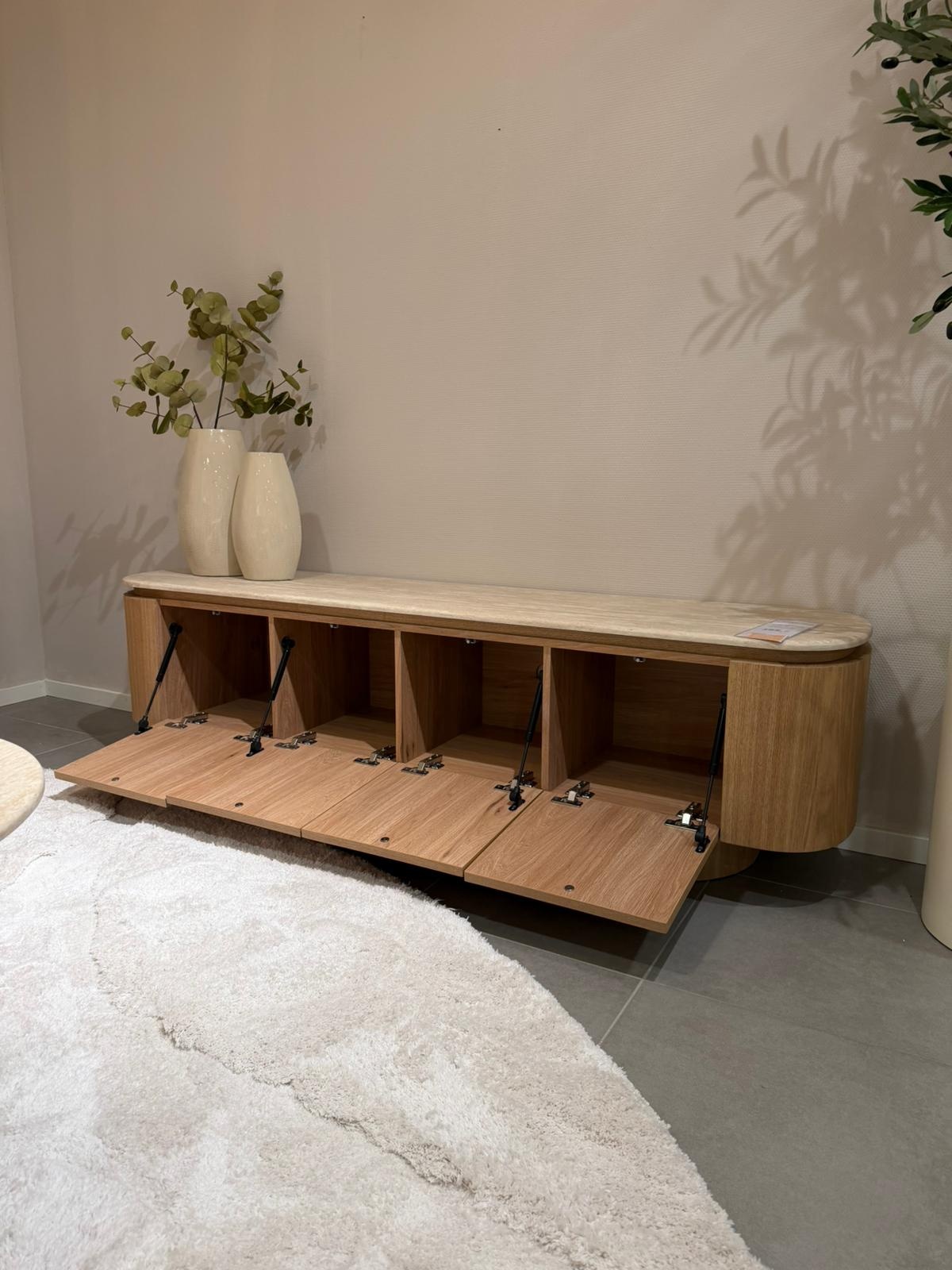 Tv-meubel - Atlanta - Travertin marmer | Eiken - L180 x B40 x H50 cm