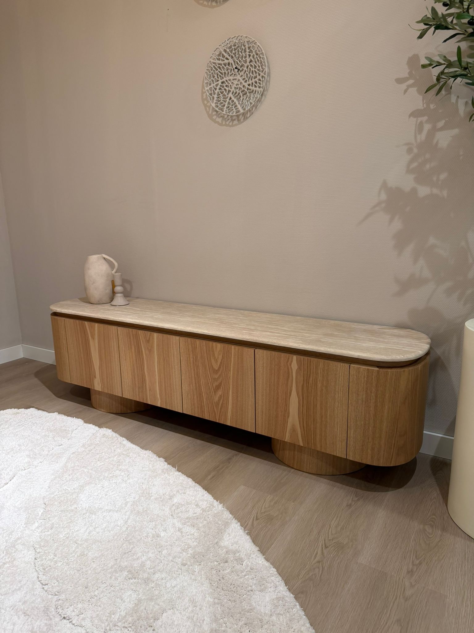 Tv-meubel - Atlanta - Travertin marmer | Eiken - L180 x B40 x H50 cm