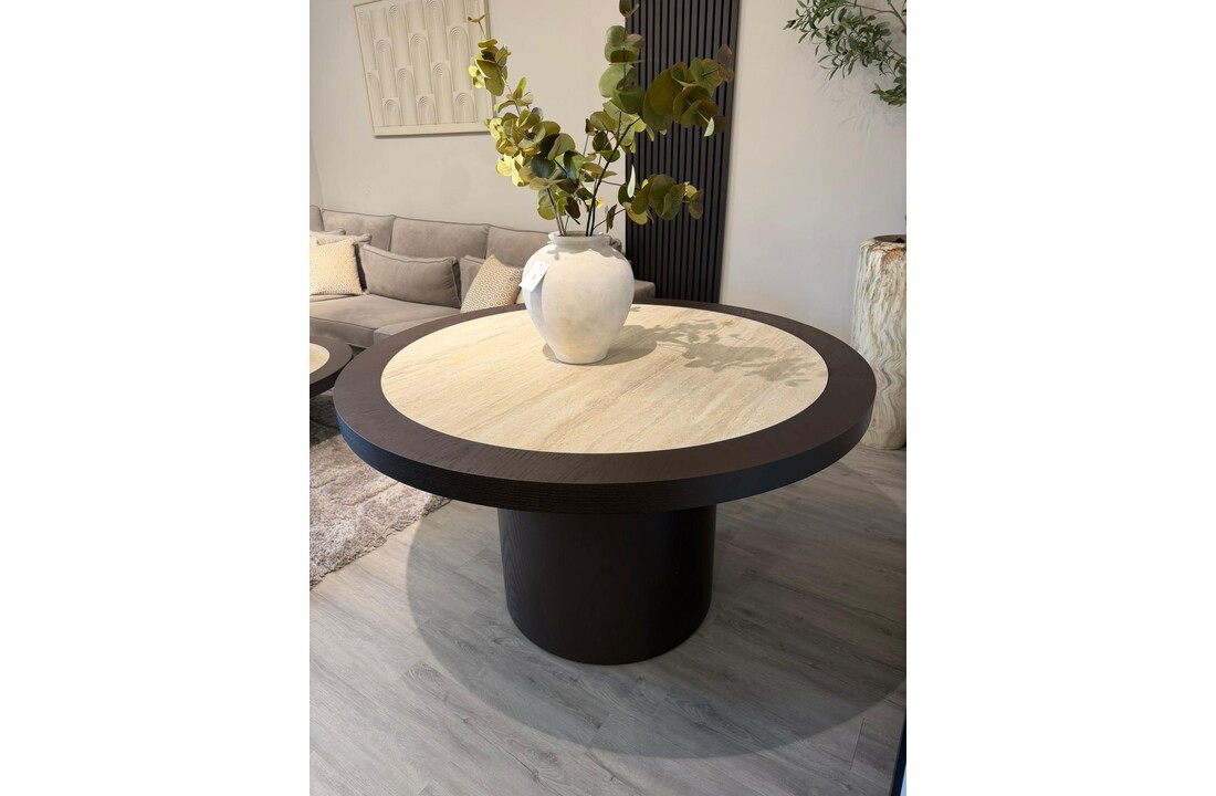 Eettafel Vento - Bruin Eiken - Keramiek (travertin look) - Rond - Ø 130 x H76 cm