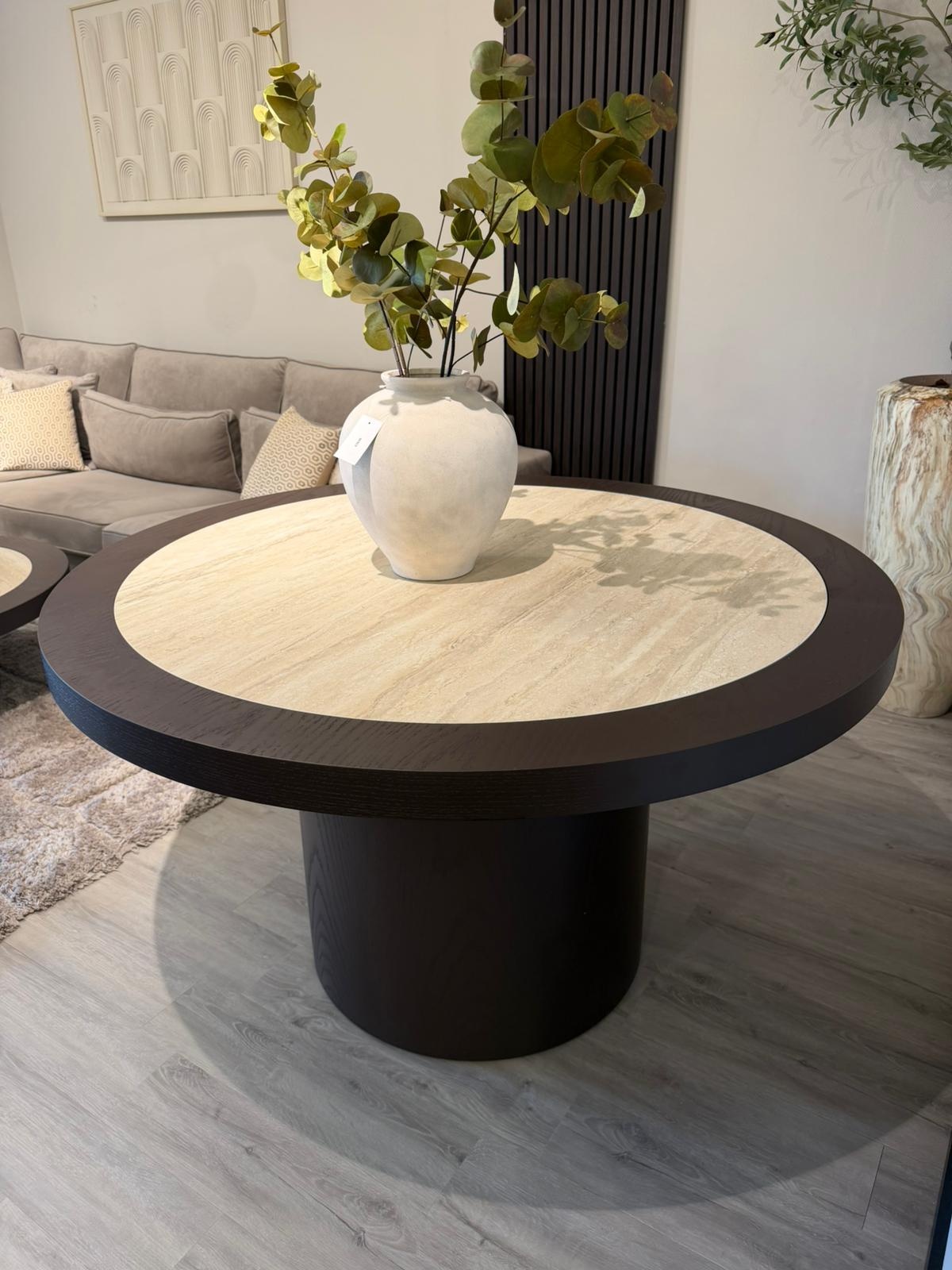 Eettafel Vento - Bruin Eiken - Keramiek (travertin look) - Rond - Ø 130 x H76 cm