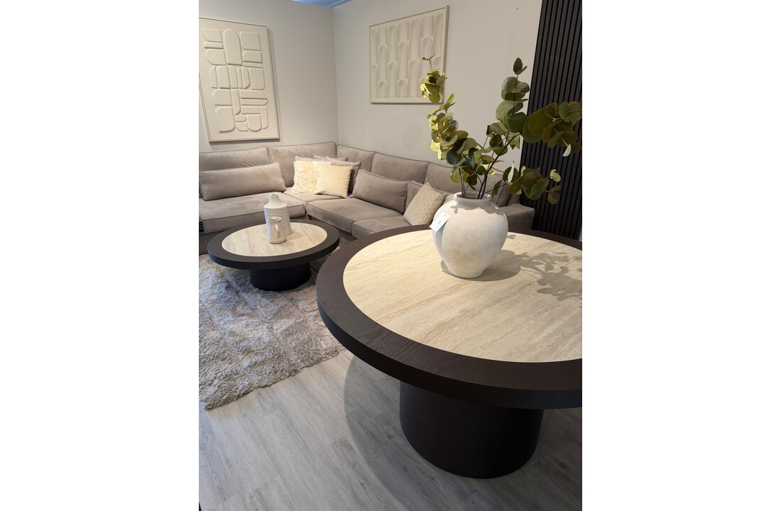 Eettafel Vento - Bruin Eiken - Keramiek (travertin look) - Rond - Ø 130 x H76 cm