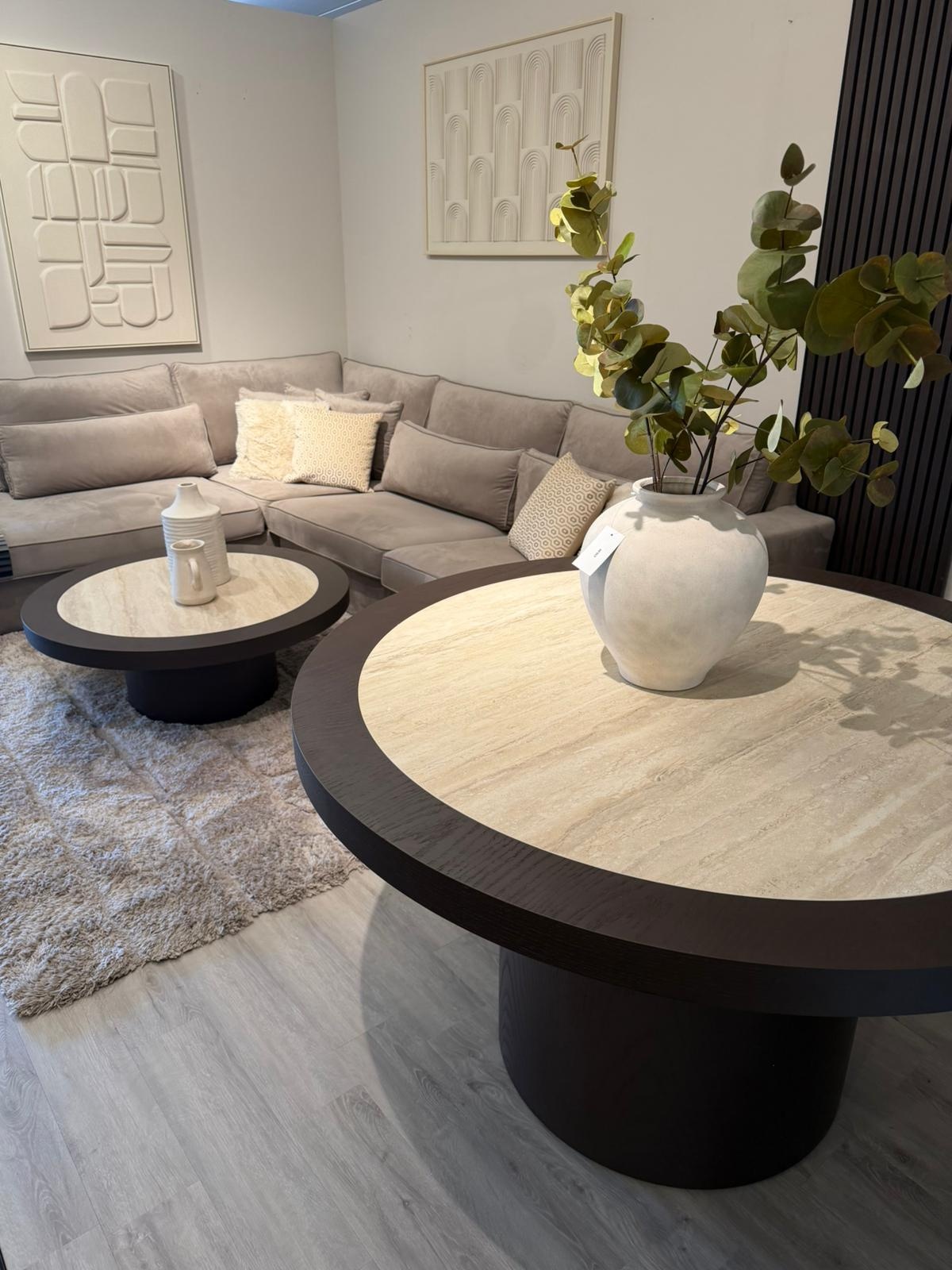 Eettafel Vento - Bruin Eiken - Keramiek (travertin look) - Rond - Ø 130 x H76 cm
