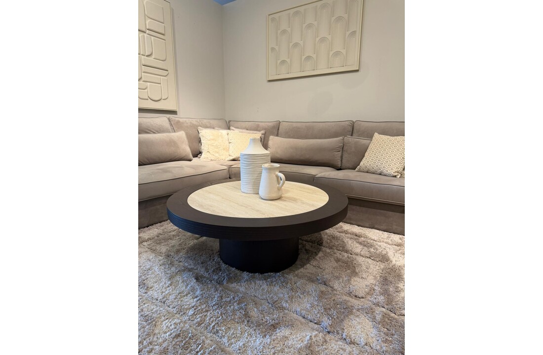 Salontafel Vento - Bruin Eiken - Keramiek (travertin look) - Rond - Ø 100 x H38 cm