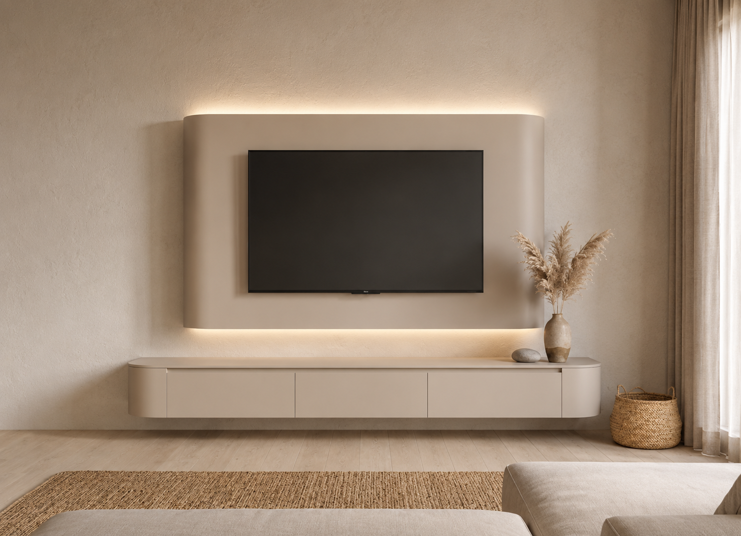 Japandi Cinewall Curved - Beige | LED verlichting - Gebogen zijkant