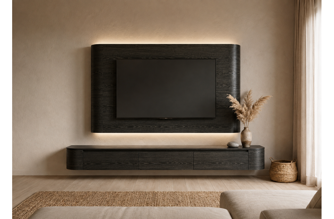 Japandi Cinewall Curved - Zwart eiken | LED verlichting - Gebogen zijkant