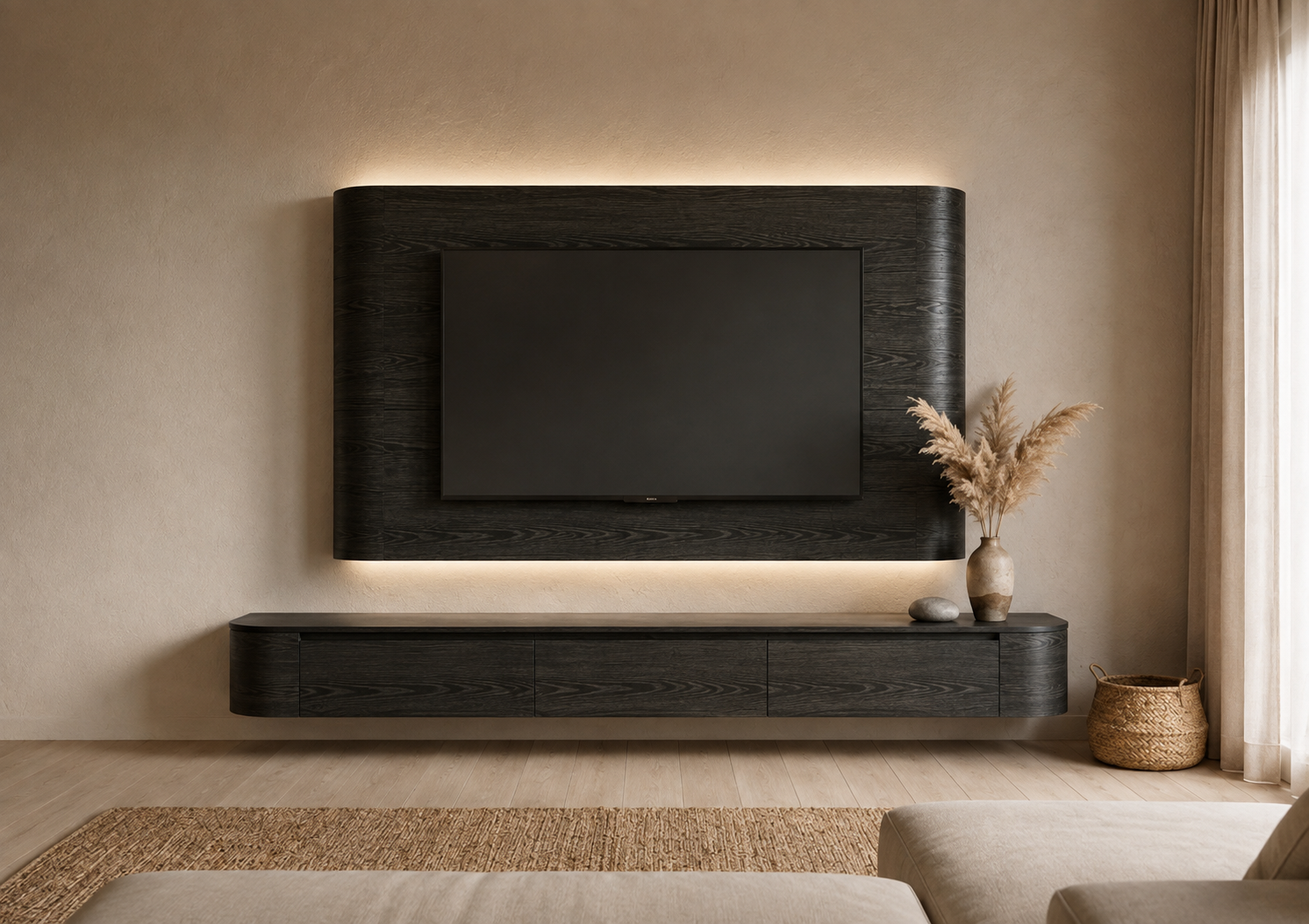 Japandi Cinewall Curved - Zwart eiken | LED verlichting - Gebogen zijkant
