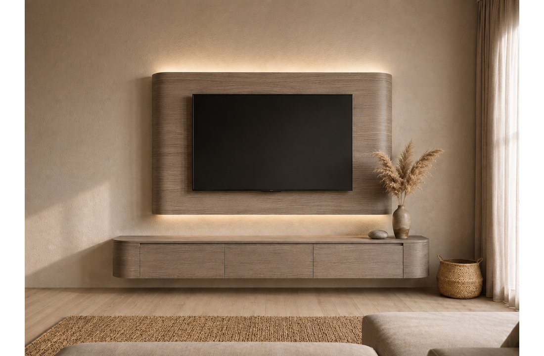 Japandi Cinewall Curved - Walnoot | LED verlichting - Gebogen zijkant