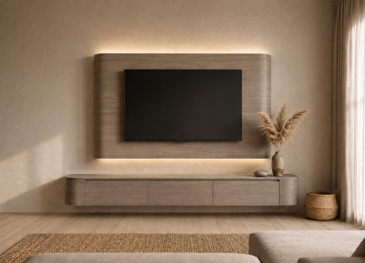 Japandi Cinewall Curved - Walnoot | LED verlichting - Gebogen zijkant
