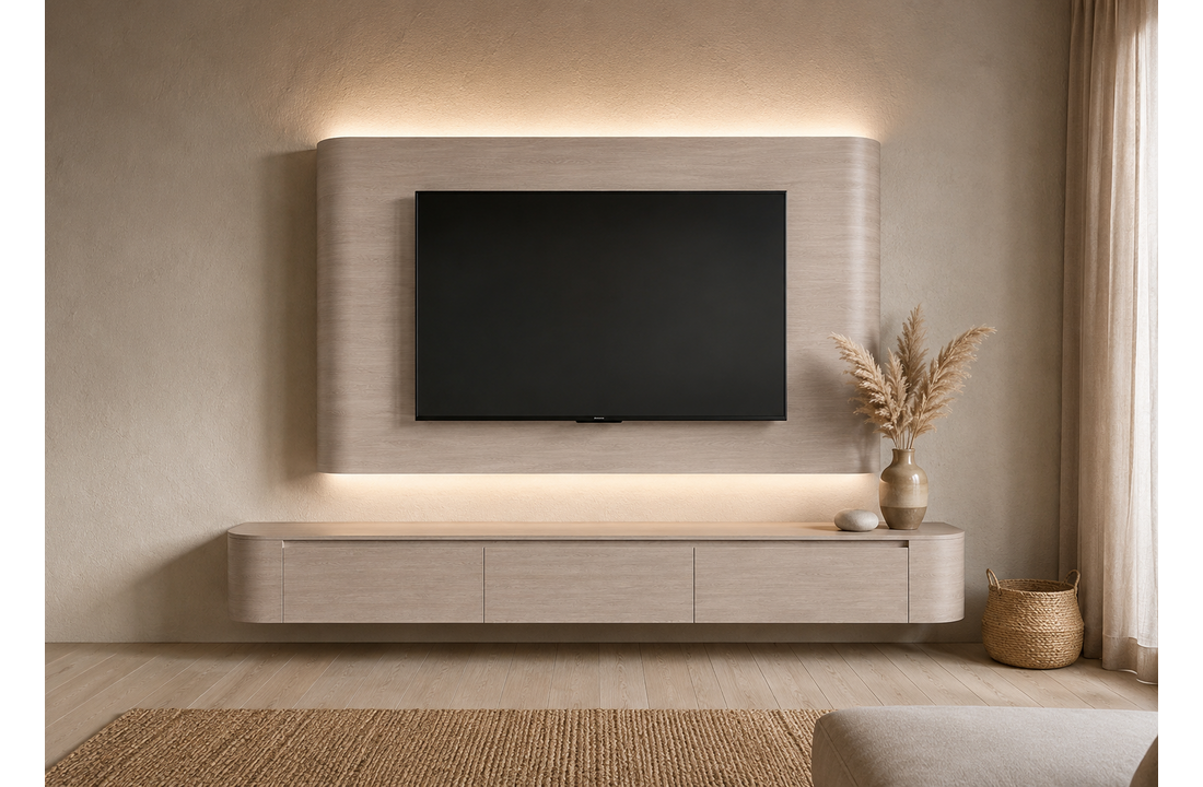 Japandi Cinewall Curved - Licht Beige Eiken | LED verlichting - Gebogen zijkant