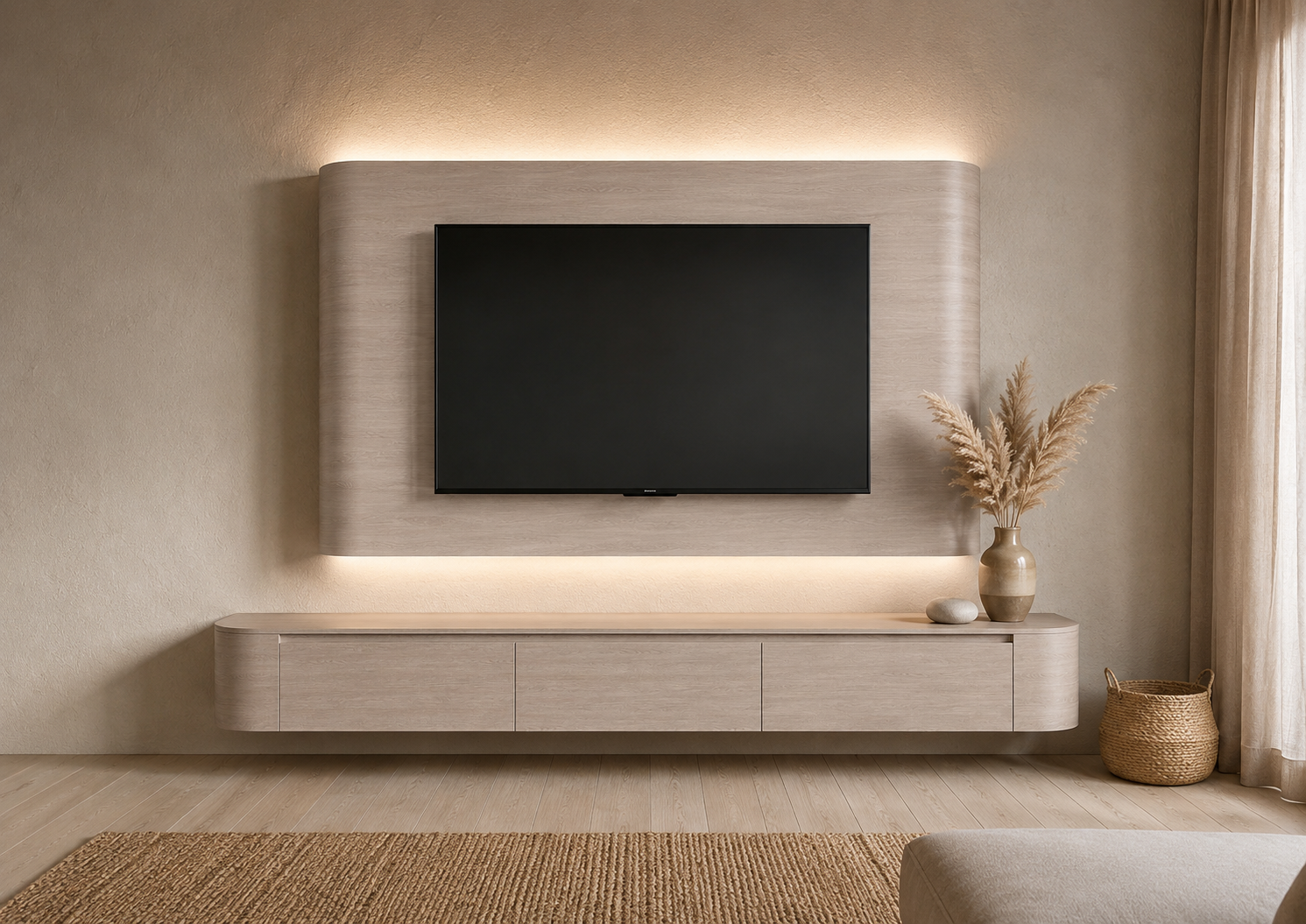 Japandi Cinewall Curved - Licht Beige Eiken | LED verlichting - Gebogen zijkant