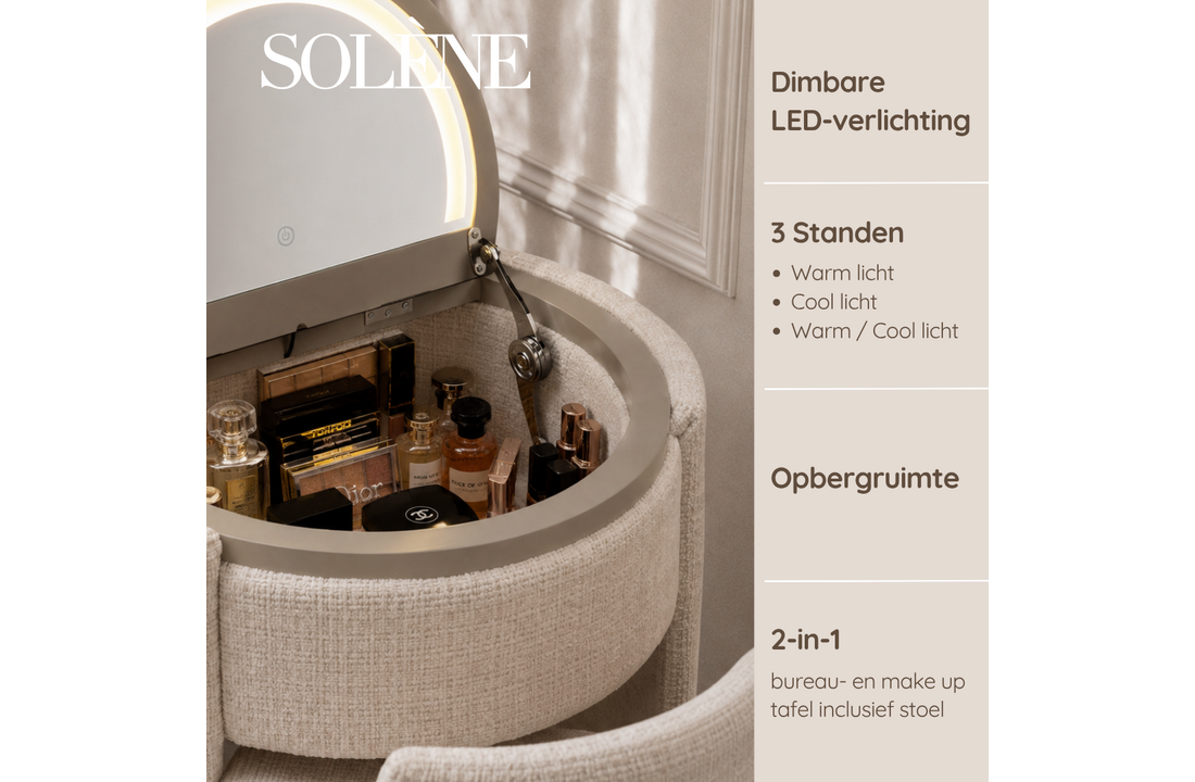 SOLÈNE Vanity - Make Up tafel - Incl. LED verlichting - Warm Beige