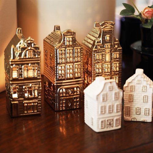 &Klevering Tealight holder Canal house Tower gold Kado in Huis