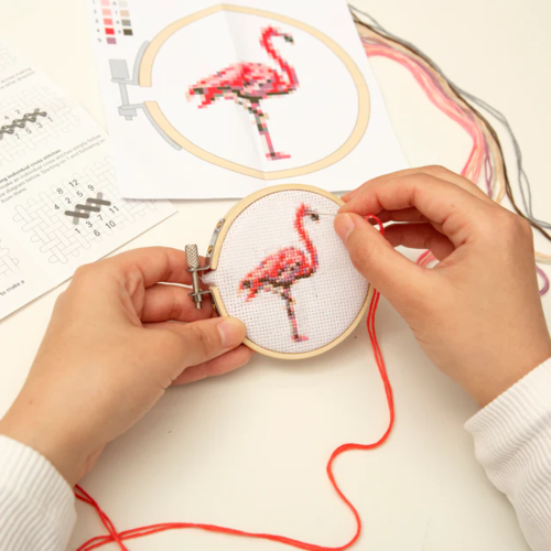 Kikkerland Mini Cross Stitch Embroidery Kit Flamingo
