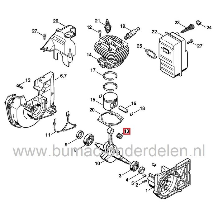 Naaldlager voor Drijfstang STIHL 028, 029, 030, 031, 032, 034, 036, 039, 041, 044, BR106, BT106, FR106, FR108, FR125, FR135, FR145, FR220, FS106, FS108, FS160, FS180, FS20, FS220, FS220K, FS280, FS290, FS360, FS410, FS420, FS500, FS550, FS90, FS96, MS290,