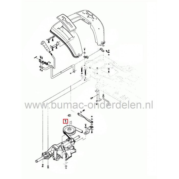 Alko Poelie op Aandrijfbak T12-100SD, T13-102SD Zitmaaiers, Riemschijf ALKO, BRILL Tuintrekkers, Pouly op Versnellingsbak model 16/45 A3583-130, Aandrijfschijf, Riemschijven en Poelies voor AL-KO T12/100SD, T13/102SD, Murray, Noma
