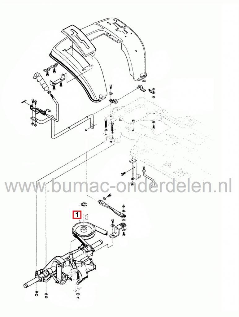 Alko Poelie op Aandrijfbak T12-100SD, T13-102SD Zitmaaiers, Riemschijf ALKO, BRILL Tuintrekkers, Pouly op Versnellingsbak model 16/45 A3583-130, Aandrijfschijf, Riemschijven en Poelies voor AL-KO T12/100SD, T13/102SD, Murray, Noma