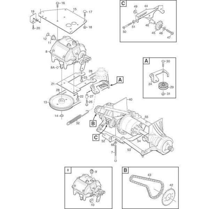 V snaar rijaandrijving Stiga Primo, Mountfield 1125M, Castelgarden X1, frontmaaiers met een maaibreedte van 78 Cm, mulch, motor-transmissie, Castel Garden, onderdeel