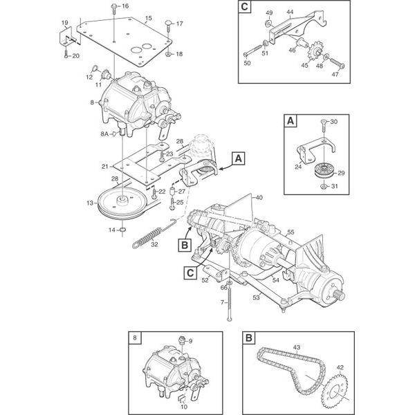 V snaar rijaandrijving Stiga Primo, Mountfield 1125M, Castelgarden X1, frontmaaiers met een maaibreedte van 78 Cm, mulch, motor-transmissie, Castel Garden, onderdeel