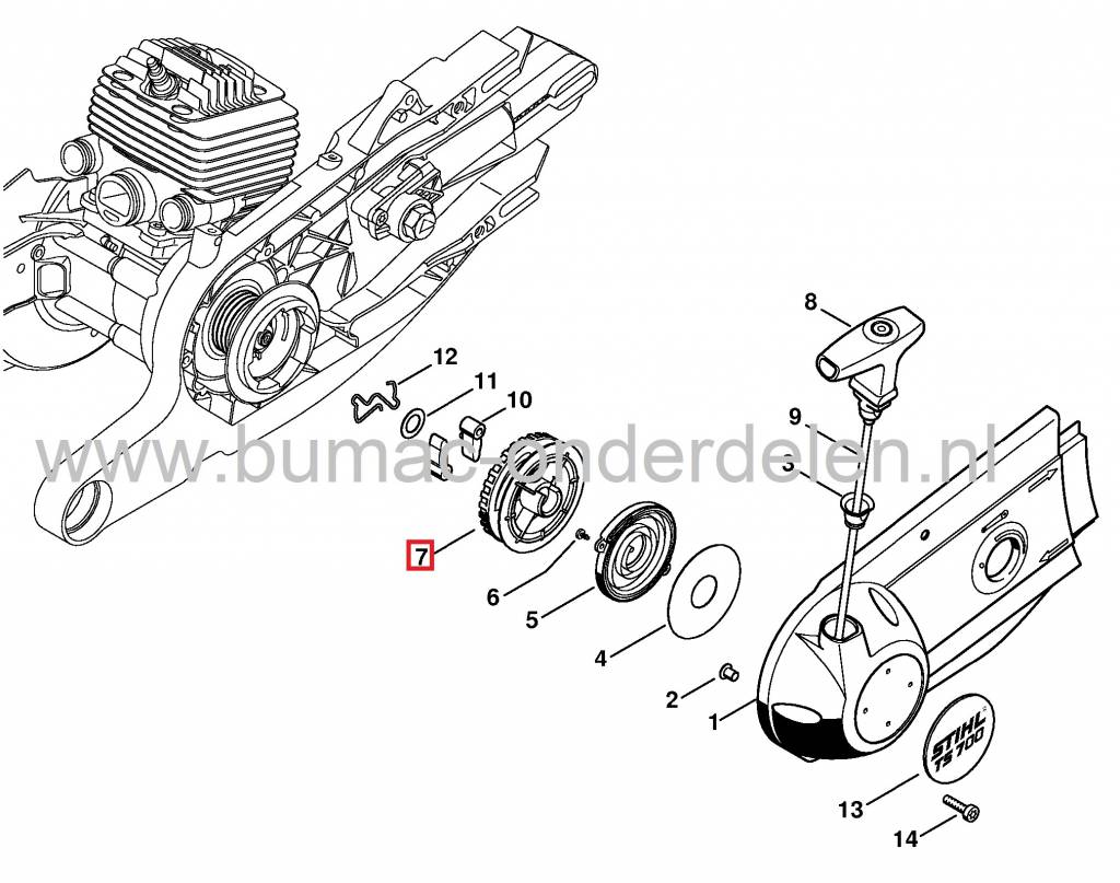 Starterpoelie voor Stihl Motorslijpers, Doorslijpmachines TS700, TS800, STIHL Koordrollen, Startkoordpouly, Koordpoelie voor Stihl Bandenzaag, Bandenslijper, Doorslijper TS 700, TS 800, Stihl Starterdelen, onderdeel