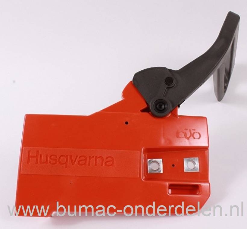 Koppelingsdeksel voor Husqvarna 50, 51 en 55 Kettingzaag Rechter zijkap met Remveer, en Veiligheidsbeugel voor bevestigen van Zaagblad, Rechter Zijdeksel komt ook voor op Jonsered Kettingzaag, Motorzaag onderdeel