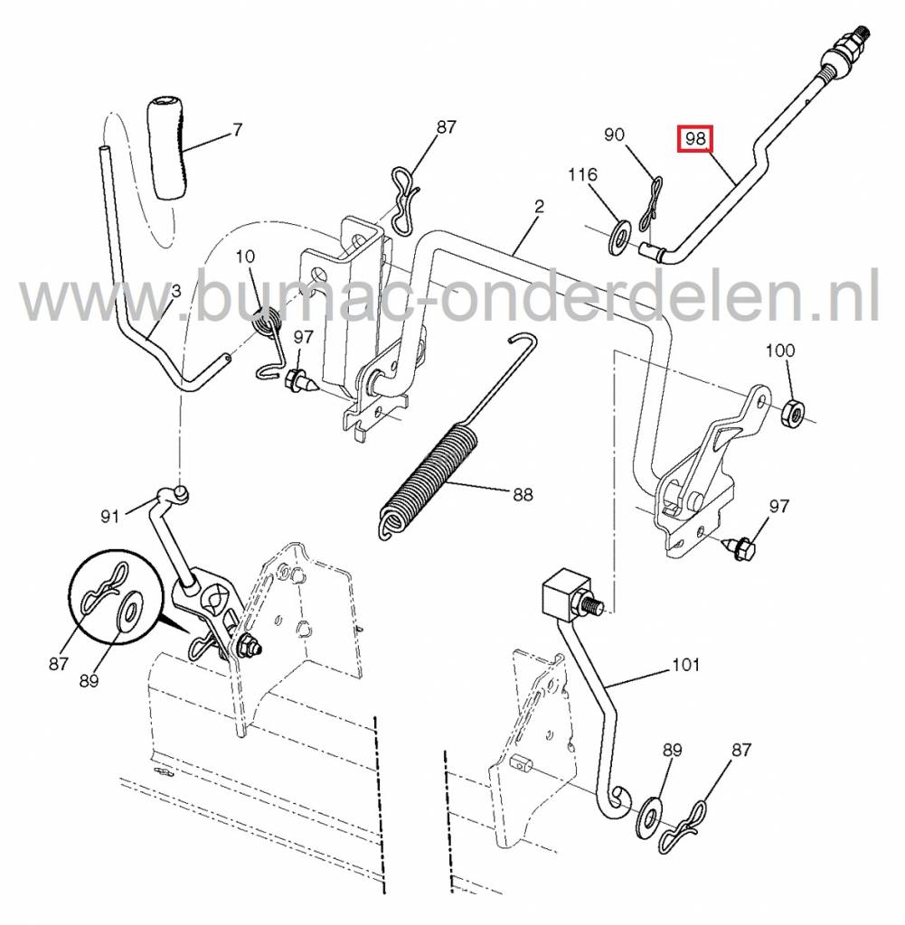 Stang Maaidekophanging Voorkant Husqvarna, Jonsered, AYP, Craftsman, Lazer, Partner, Mcculloch, Yardpro, Flymo, Wizard Zitmaaiers, HUSQVARNA TC138, TC238, TC242, Electrolux Maaidek Hefstang, Stangen voor Ophanging Maaidek